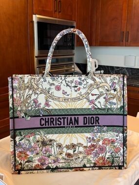 Dior Cream Multicolor Floral Tote with Lilac Band